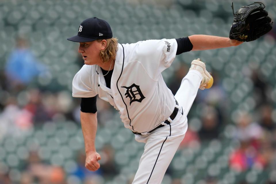 Detroit Tigers relief pitcher Trey Wingenter throws against the Kansas City Royals in the ninth inning of a baseball game that was suspended Wednesday night because of rain, Thursday, Sept. 28, 2023, in Detroit.