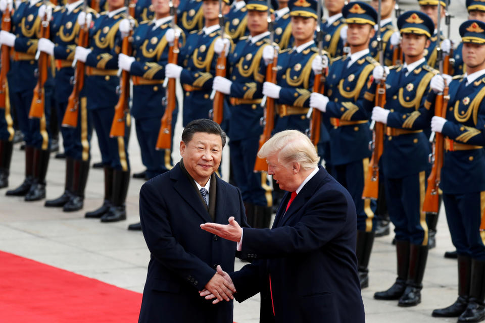 <p>President Donald Trump takes part in a welcoming ceremony with China’s President Xi Jinping in Beijing, China, Nov. 9, 2017. (Photo: Damir Sagolj/Reuters) </p>