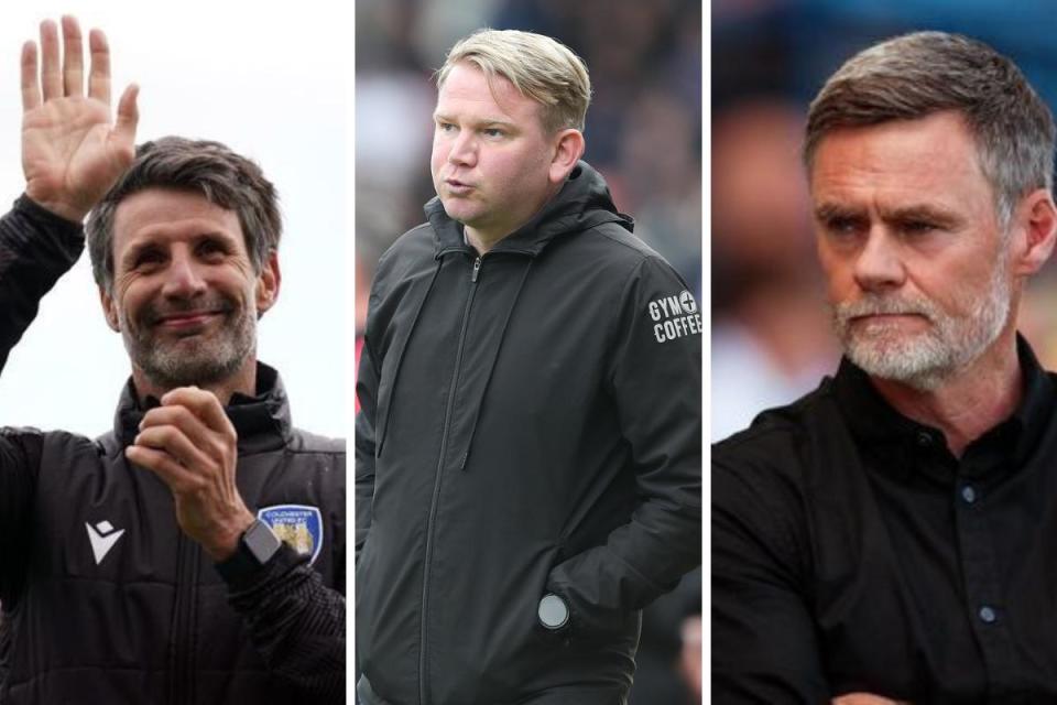 (left to right) Danny Cowley's Colchester survived in League Two while Pete Wild's Barrow and Graham Alexander's Bradford missed out on the play-offs <i>(Image: PA / MI News)</i>