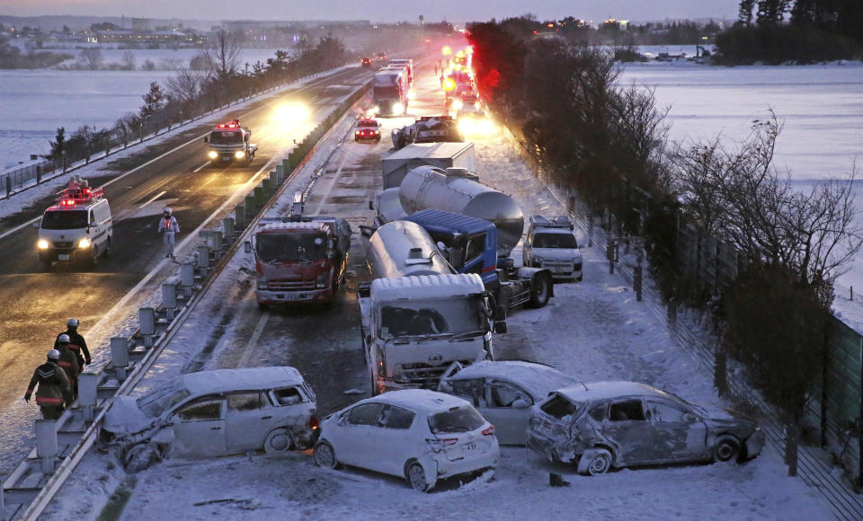 A photo shows an accident site caused by snow on the Tohoku Expressway in Osaki City, Miyagi Prefecture, northern Japan, on January 19, 2021.