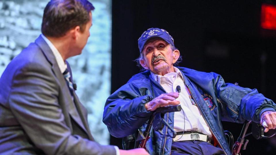 Hometown Heroes Radio creator and host Paul Loeffler, left, interviews 102-year-old Francisco “Frank” Paredes, a survivor of the Dec. 7, 1941 attack on Pearl Harbor, during a Pearl Harbor Remembrance Day ceremony a the Clovis Veterans Memorial District on Wednesday, Dec. 7, 2022.