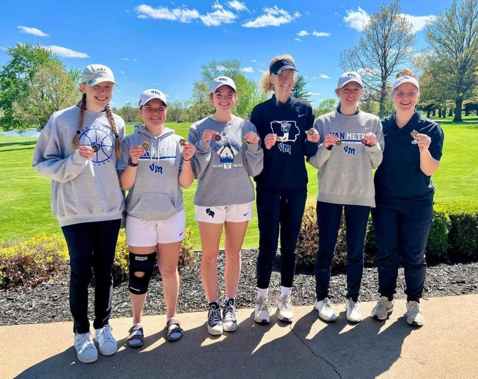The Van Meter girls golf team poses for a photo after winning the conference meet on Monday, April 29, 2024, in Pleasantville.