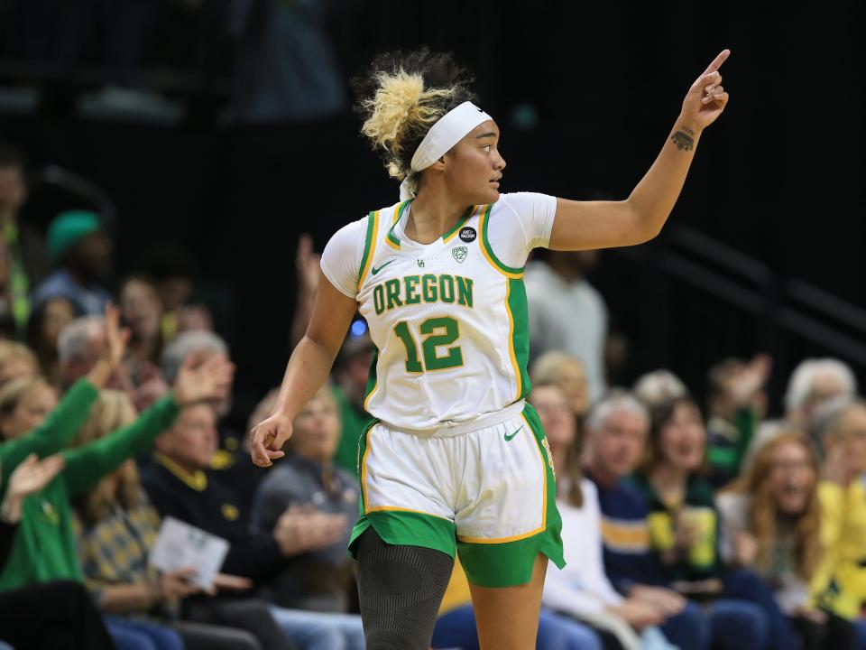 Oregon's Te-Hina Paopao celebrates a 3-point shot against ASU during the first half at Matthew Knight Arena on Saturday.