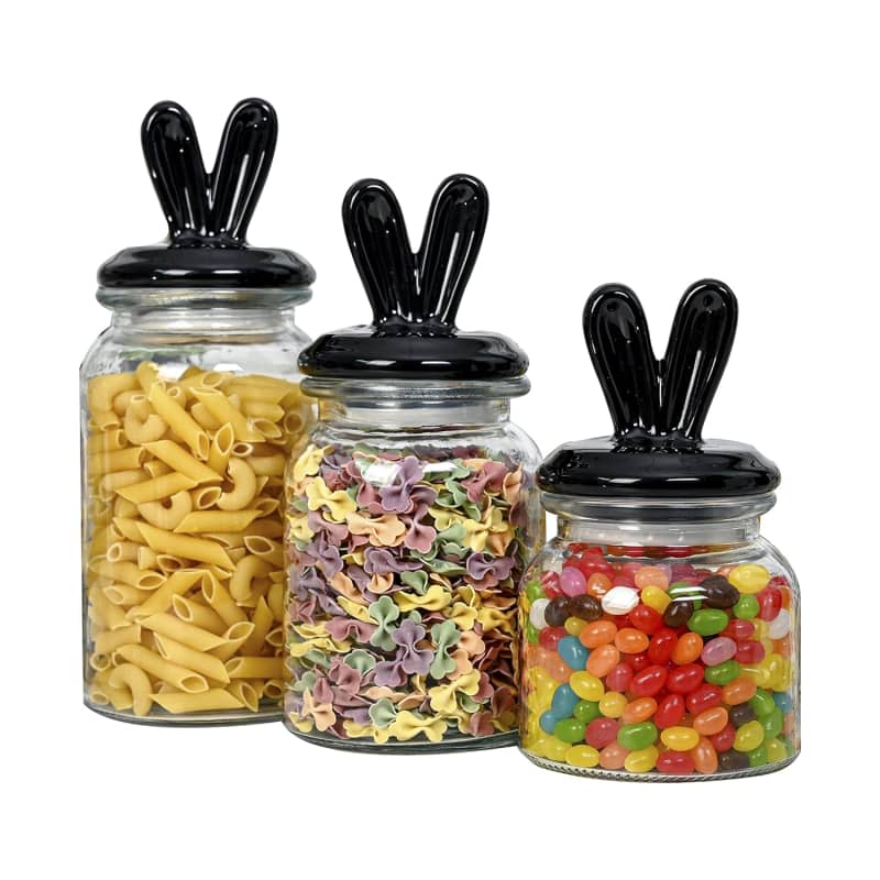 Set of 3 Black Bunny Handle Glass Kitchen Canisters