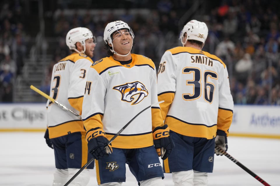 Nashville Predators' Kiefer Sherwood (44) celebrates after scoring during the third period of an NHL hockey game against the St. Louis Blues on Friday, Nov. 24, 2023, in St. Louis. (AP Photo/Jeff Roberson)