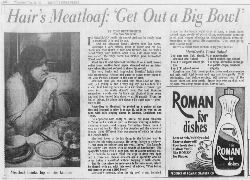 Singer Meat Loaf shared his tuna salad recipe with the Detroit Free Press in October 1970.