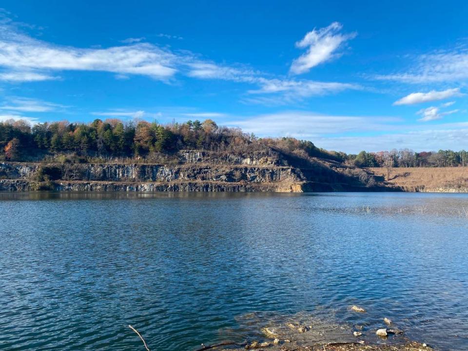 Albemarle Corp. plans to seek permits to reopen the dormant lithium mine in Kings Mountain, shown filled with 1.8 billion gallons of water, as the Charlotte-based company defers other Carolina projects and cost-saving measures.