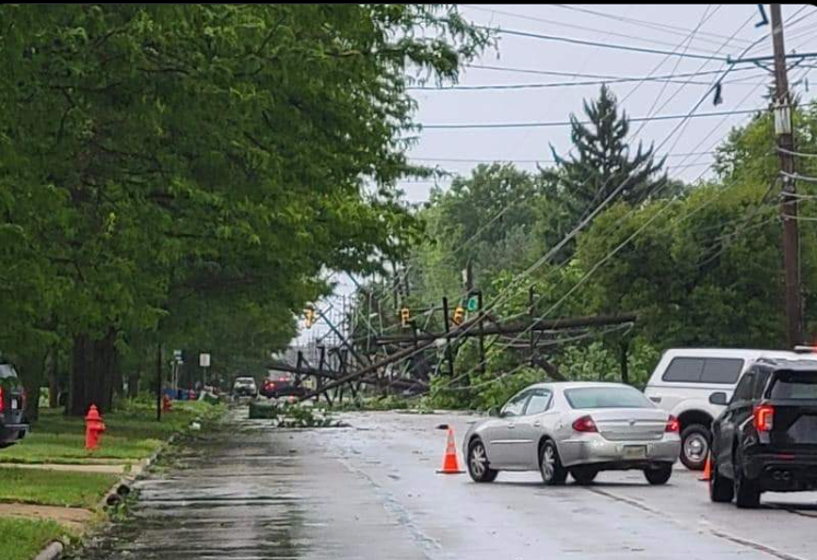 Downed powerlines in the Cleveland suburb of Brook Park after severe storms hit northeast Ohio on Tuesday, Aug. 6, 2024.