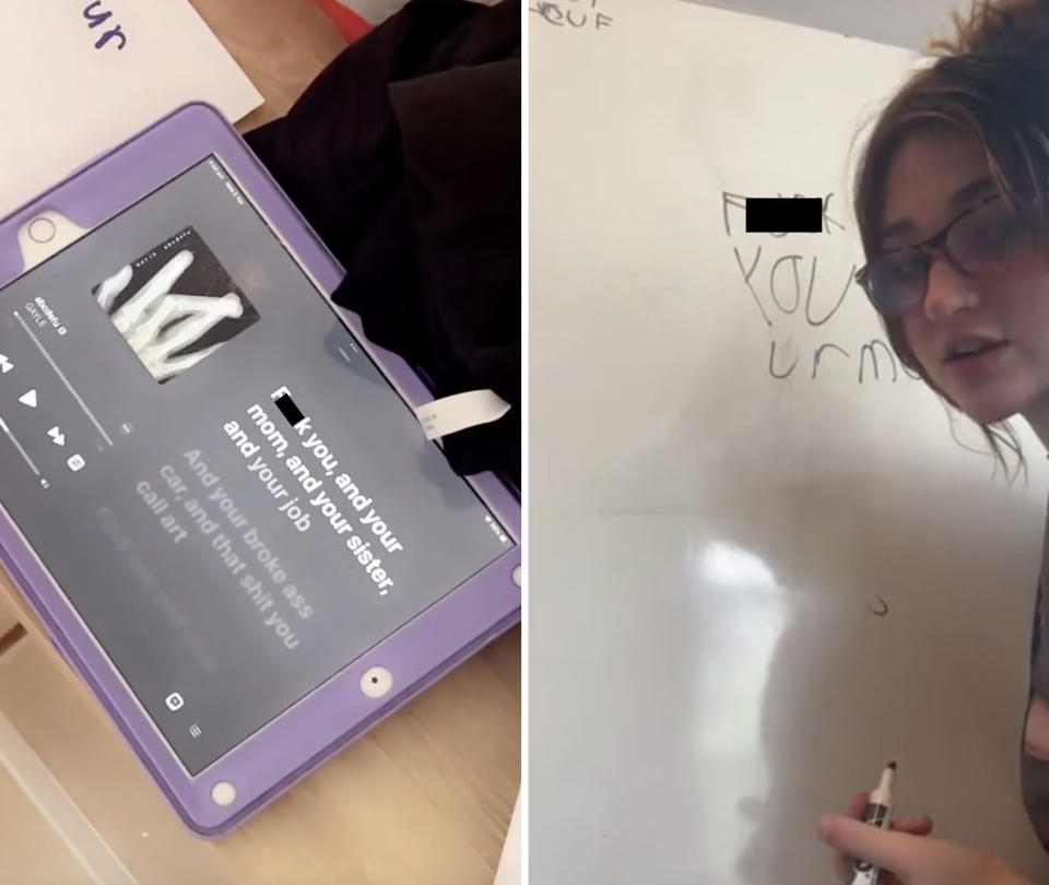 L: GAYLE lyrics on an iPad. R: GAYLE teaching kids how to spell with a whiteboard