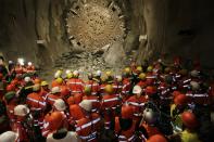 SEDRUN, SWITZERLAND - OCTOBER 15: Workers attend the break trough of the second tube of Gotthard Tunnel on October 15, 2010 in Sedrun, Switzerland. The world's longest tunnel, which has been under construction for 14 years, is not expected to open for service until at least the end of 2016. (Photo by AlpTransit Gotthard AG via Getty Images) *** BESTPIX ***