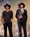 NASHVILLE, TN - NOVEMBER 01: Kenny Chesney and Tim McGraw pose with awards at the 46th annual CMA Awards at the Bridgestone Arena on November 1, 2012 in Nashville, Tennessee. (Photo by Erika Goldring/Getty Images)