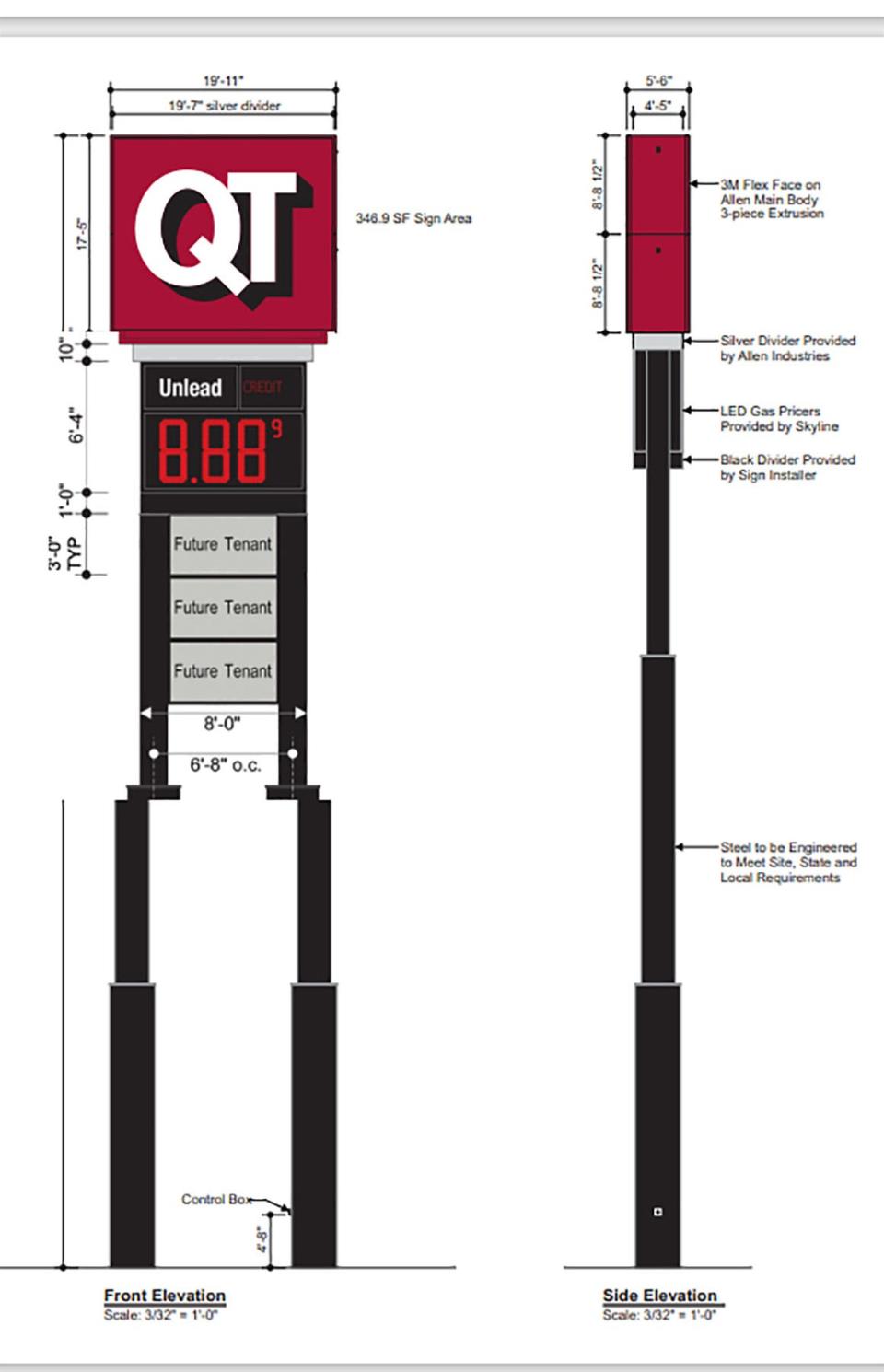 This graphic depicts a 75-foot tall sign approved for the new QuikTrip gas station being planned near 1-25 and West Pueblo Boulevard.