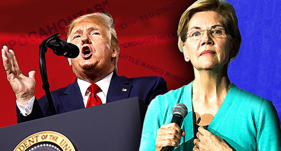 President Donald Trump and Sen. Elizabeth Warren. (Photo illustration: Yahoo News; photos: Patrick Semansky/AP, Sean Rayford/Getty Images)