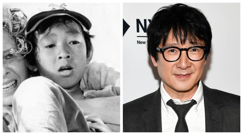 Ke Huy Quan, left, in 1984's "Indiana Jones and the Temple of Doom," and right, at the 2023 New York Film Critics Circle Awards.
