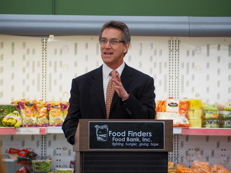 Eric Halvorson, manager of corporate affairs for Kroger, speaks about the importance of Food Finders Food Bank's Drive Away Hunger fall food drive, on Tuesday, Oct. 31, 2023, in Lafayette, Ind.