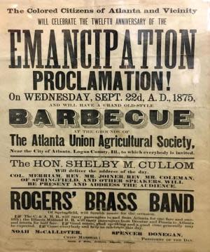 A flyer telling the public of barbecue to celebrate the 12th anniversary of the Emancipation at the Atlanta Fairgrounds.