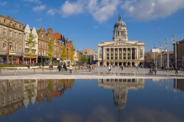 Council House reflected in the infinity pool, Nottingham, Nottinghamshire, England