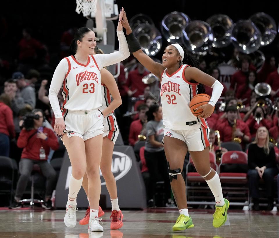 Ohio State forward Rebeka Mikulasikova, right, high-fives teammate Cotie McMahon during a 70-65 win over Michigan State.