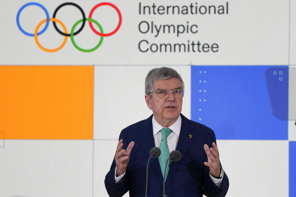 FILE - Thomas Bach, IOC President speaks at the International Olympic Committee launch of the Olympic AI Agenda at Lee Valley VeloPark in London, April 19, 2024. The Paris Olympics involve about 10,500 athletes from 200 countries or regions. But the Olympics are more than just fun and games. They are a giant business that generates billions of dollars in income for the International Olympic Committee. (AP Photo/Kirsty Wigglesworth, File)