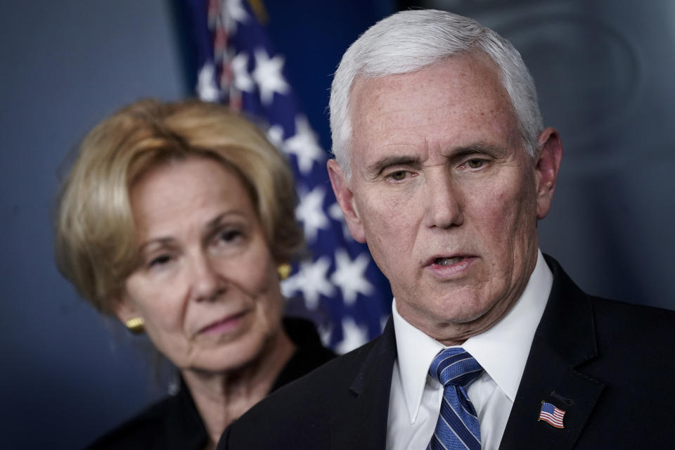 Debbie Birx, White House Corona Virus Response Coordinator, looks on as U.S. Vice President Mike Pence speaks during a briefing on the administration's coronavirus response in the press briefing room of the White House on March 2, 2020 in Washington, DC. (Drew Angerer/Getty Images)