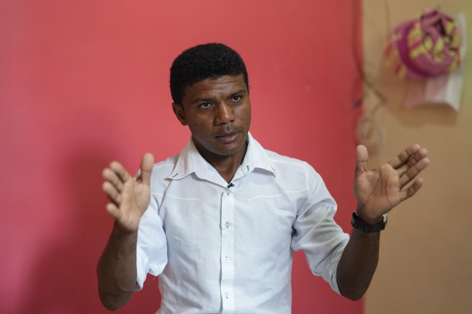 Nilson Jose dos Santos speaks during an interview with The Associated Press in Sumidouro, Piaui state, Brazil, Wednesday, March 13, 2024. Wind energy is booming in Brazil's Northeast, but some projects are drawing criticism. Dos Santos wants the world to understand that the community is not against energy development, people just want to be involved in the process. (AP Photo/Andre Penner)