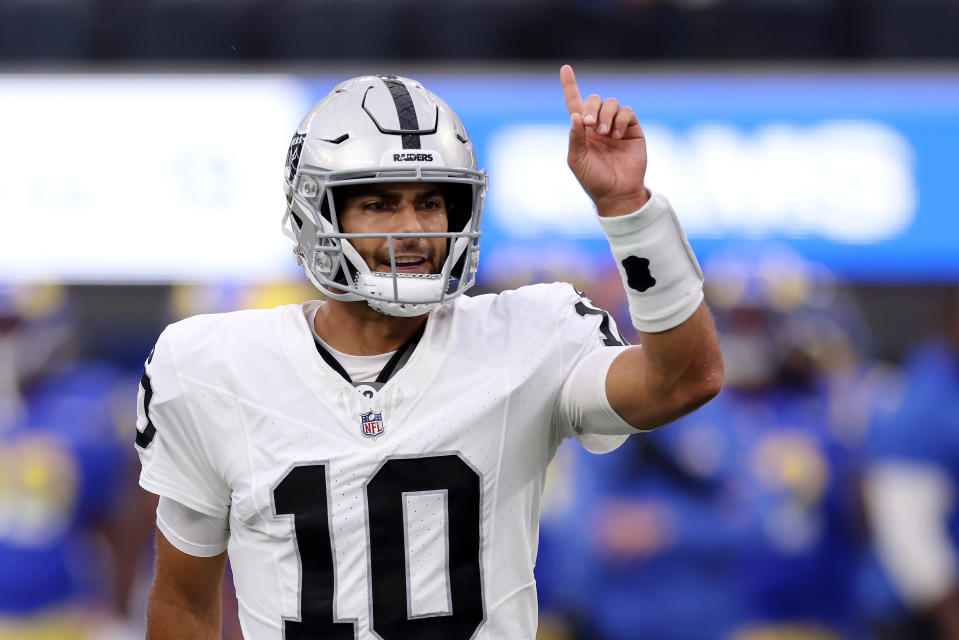 Will new Las Vegas Raiders QB Jimmy Garoppolo have success in his first game? (Katelyn Mulcahy/Getty Images)