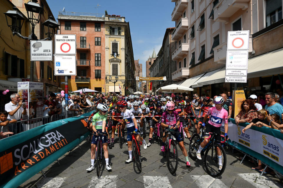 ALBENGA ITALY  JULY 06 LR Niamh FisherBlack of New Zealand and Team SD Worx  Green Mountain Jersey Gaia Realini of Italy and Team Lidl  Trek  White best young jersey Veronica Ewers of The United States and Team EF EducationTibcoSvb  Purple Points Jersey and Annemiek Van Vleuten of The Netherlands and Movistar Team  Pink Leader Jersey prior to the 34th Giro dItalia Donne 2023 Stage 7 a 1091km stage from Albenga to Alassio  Santuario della Guardia 551m  UCIWWT  on July 06 2023 in Albenga Italy Photo by Dario BelingheriGetty Images