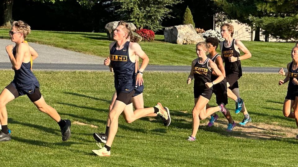 Elco's Deacon Shearer (front, in light colored spikes) takes off at the start of a tri-meet against Pequea Valley and Lancaster Mennonite. Shearer is active in cross country and music for the Raiders.