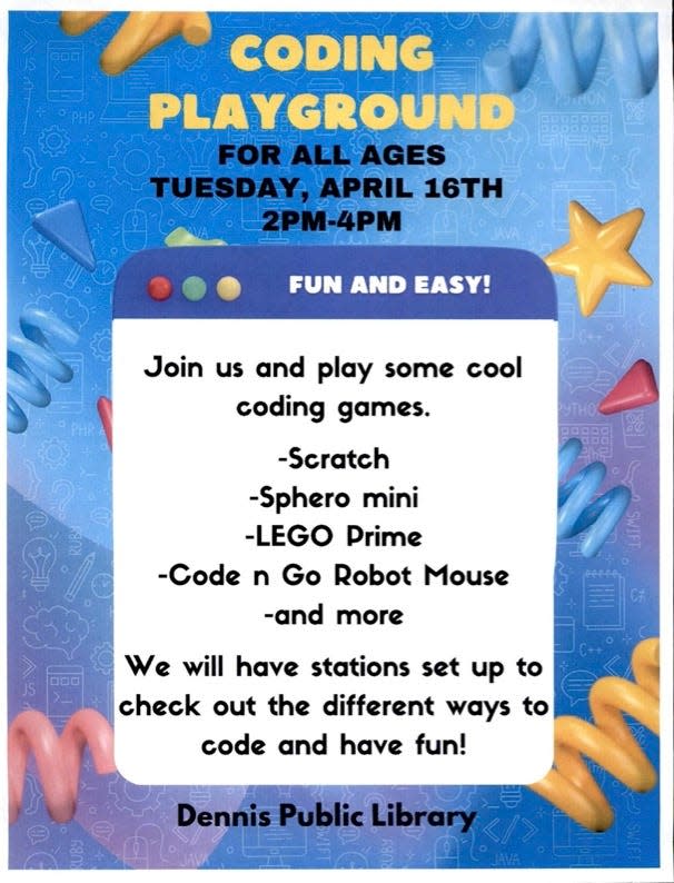 Poster for Coding Playground event at Dennis Public Library.