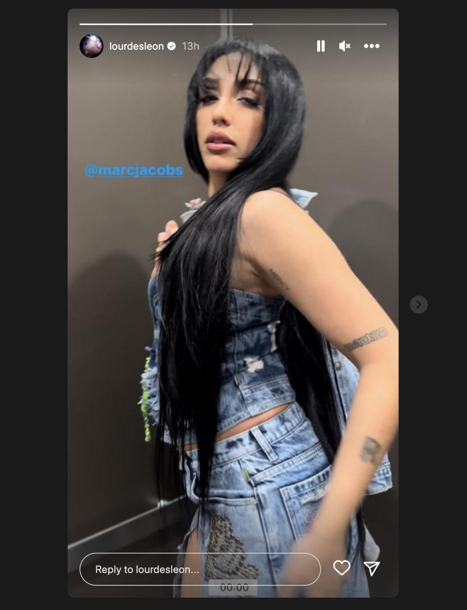 Lourdes Leon poses in March Jacobs denim for an Instagram story.