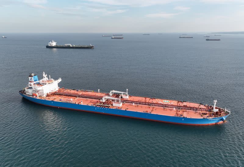 Oil tankers wait at anchorage in the Black Sea off Kilyos near Istanbul