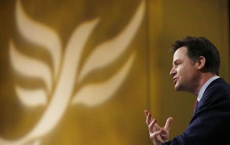 Britain's Liberal Democrat party leader and Deputy Prime Minister, Nick Clegg, gestures during his keynote speech on the final day of the party's spring conference in Liverpool, northern England, March 15, 2015. REUTERS/Phil Noble