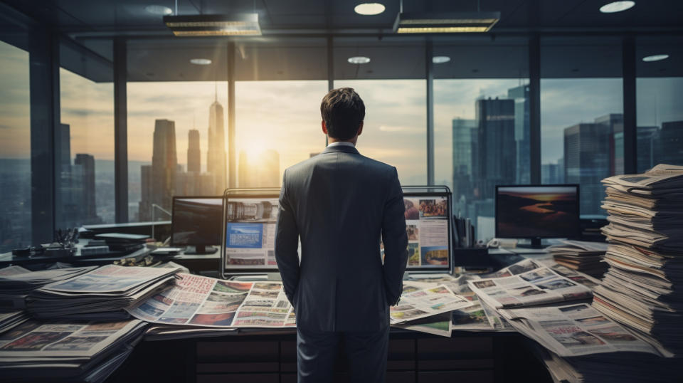 An editor standing in a newsroom, overseeing the layout of a magazine cover.