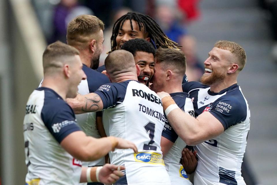 England celebrate their fourth try against Samoa (Owen Humphreys/PA) (PA Wire)