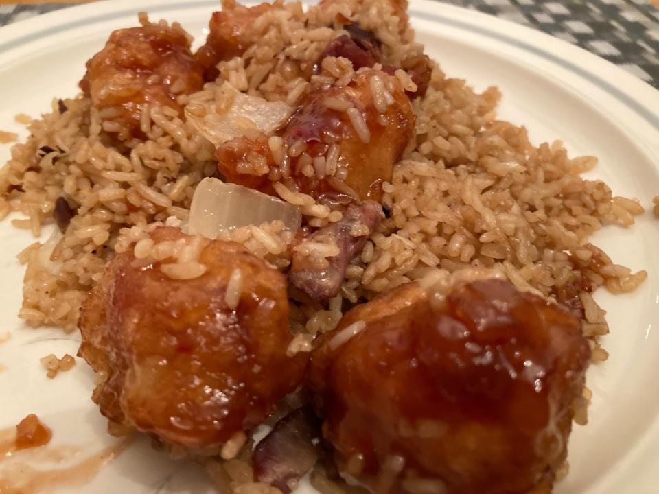 General Tso's chicken with pork fried rice from Dragon House Chinese Restaurant in Hinesburg, shown Jan. 17, 2024.