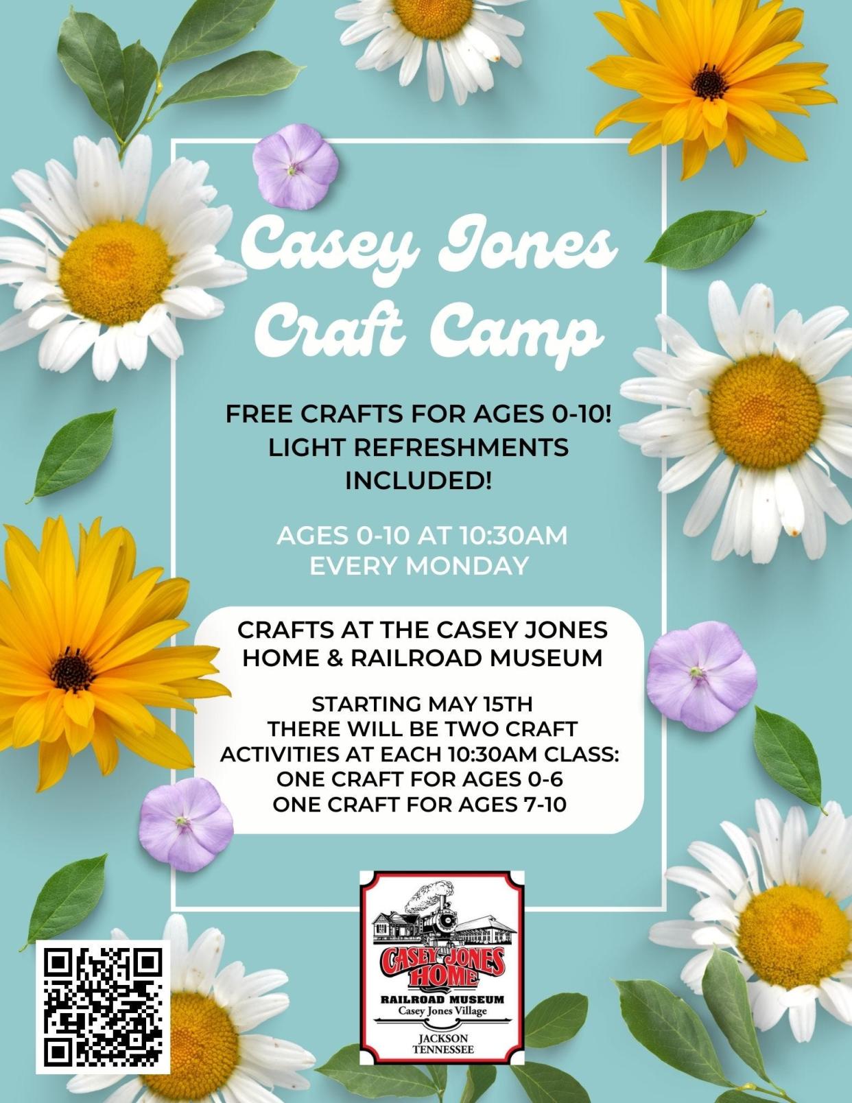 Casey Jones Home & Railroad Museum will feature craft camps for ages 0-10.
