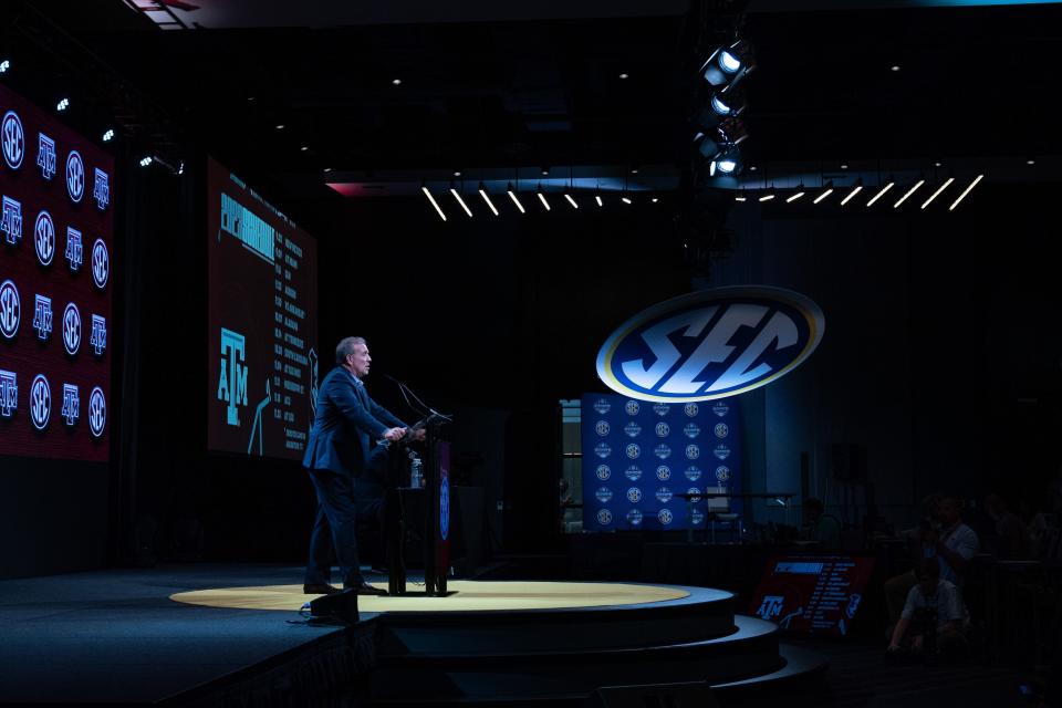 Texas A&M Head Coach Jimbo Fisher addresses the media at the 2023 SEC Football Kickoff Media Days at the Nashville Grand Hyatt on Broadway, Monday, July 17, 2023.