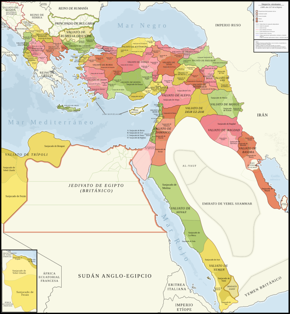 División administrativa del Imperio otomano en 1899. <a href="https://es.wikipedia.org/wiki/Archivo:Ottoman_Empire_Administrative_Divisions-es.svg" rel="nofollow noopener" target="_blank" data-ylk="slk:SAİT71 / Wikimedia Commons;elm:context_link;itc:0;sec:content-canvas" class="link ">SAİT71 / Wikimedia Commons</a>, <a href="http://creativecommons.org/licenses/by-sa/4.0/" rel="nofollow noopener" target="_blank" data-ylk="slk:CC BY-SA;elm:context_link;itc:0;sec:content-canvas" class="link ">CC BY-SA</a>