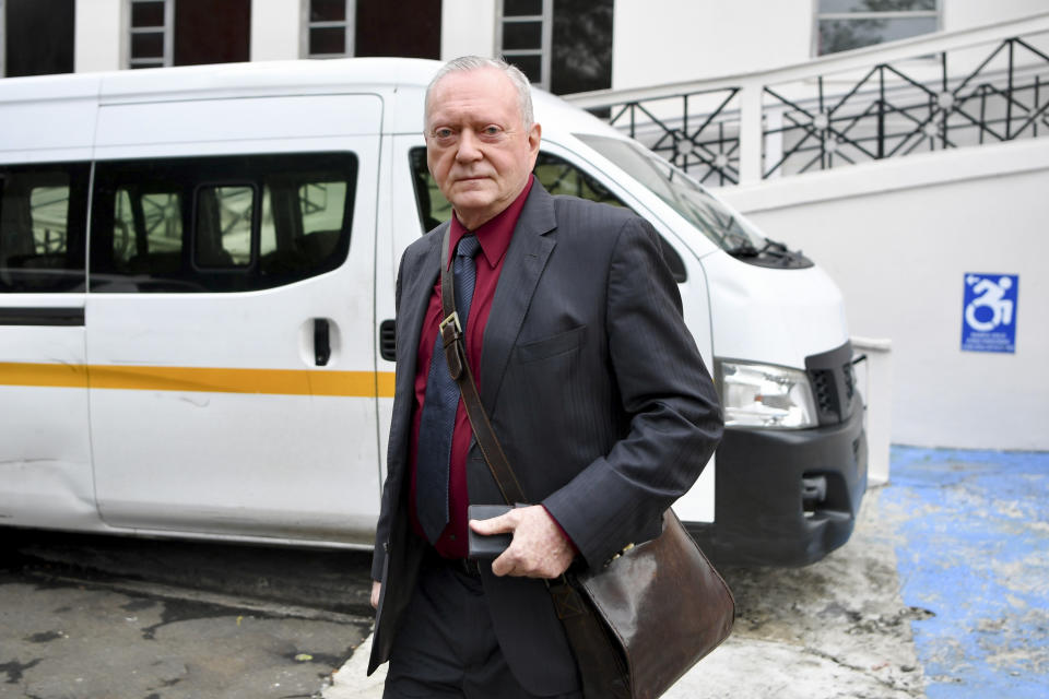 Juergen Mossack, partner of the law firm Mossack-Fonseca, leaves the Supreme Court during the trial of the "Panama Papers" money laundering case in Panama City, Monday, April 8, 2024. (AP Photo/Agustin Herrera)