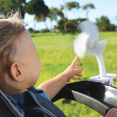 His finger doesn't look safe.  <a href="http://www.onestepahead.com/product/Clip-On-Stroller-Fan/_/R-536614?cmSource=OSAhpCustFav" target="_blank">via onestepahead.com</a>