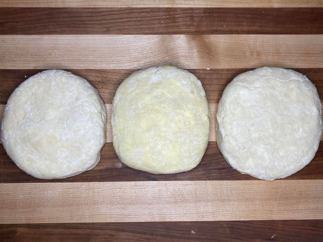 <p>Devon O'Brien</p> Pie doughs from left to right: Costco's Kirkland Signature Sweet Cream Butter, national name-brand butter, generic store-brand butter.