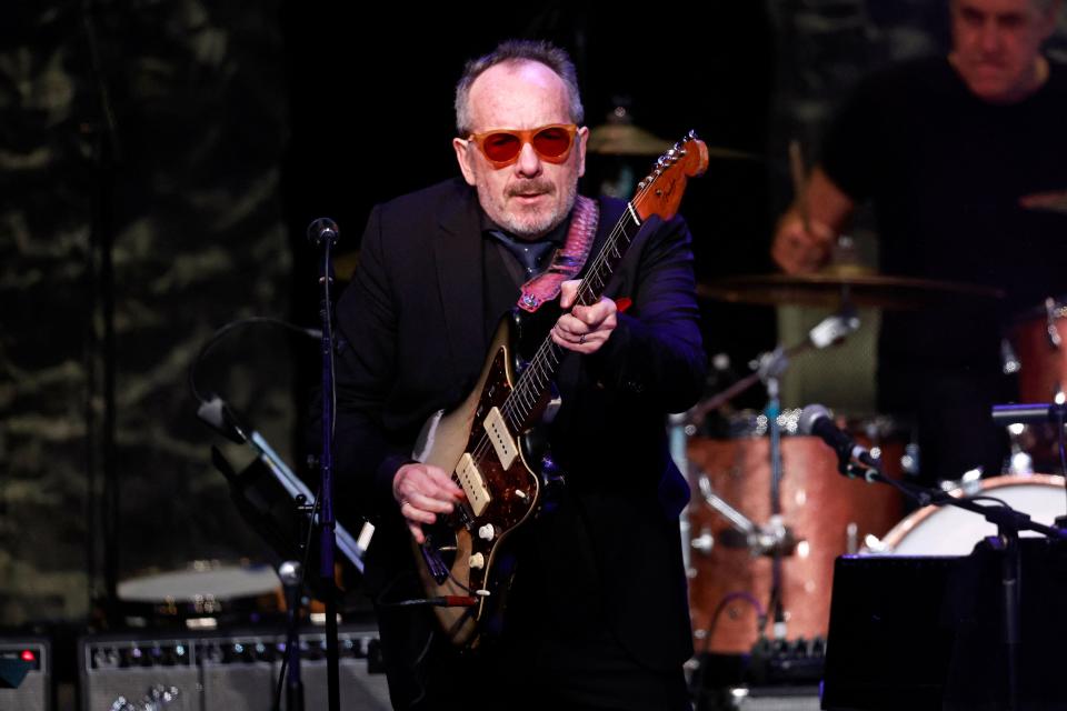 English singer-songwriter Elvis Costello performs during the Recording Academy and Clive Davis pre-Grammy gala at the Beverly Hilton hotel in Beverly Hills, California, on Feb. 4, 2023.