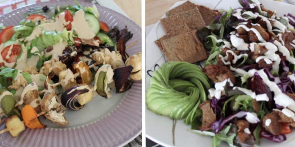 a vegan veggie and tofu kabob/a vegan salad with avocado and seed crackers