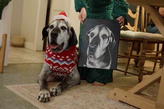 <p>Courtesy of Chewy</p> Riley the Great Dane posing next to the custom portrait he received from Chewy Claus as part of his early Christmas celebration