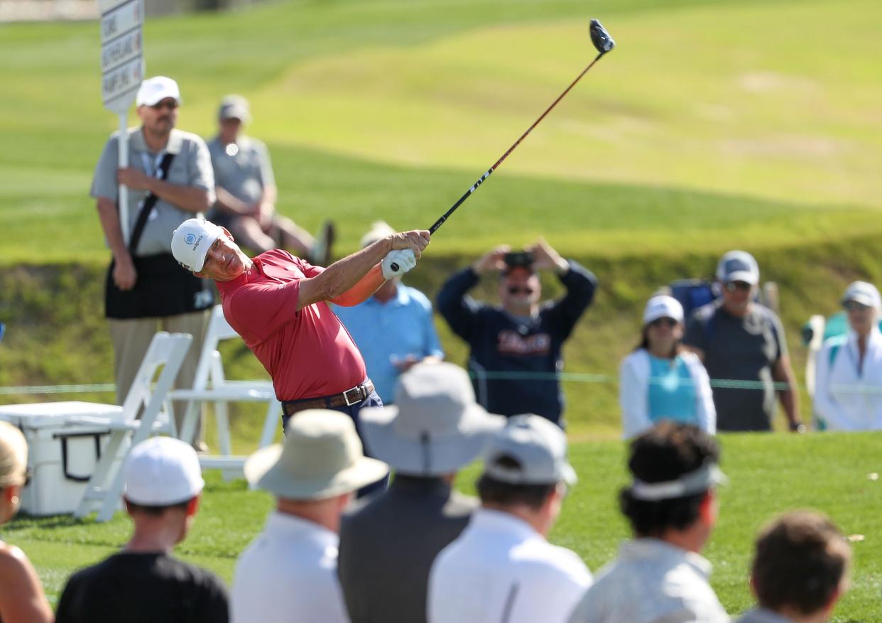 David Toms tees off on the 18th hole at the Galleri Classic at Mission Hills Country Club in Rancho Mirage, March 25, 2023.  