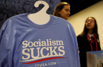 <p>A Turning Point USA booth is tended at the Conservative Political Action Conference (CPAC) at National Harbor, Md., Feb. 22, 2018. (Photo: Kevin Lamarque/Reuters) </p>