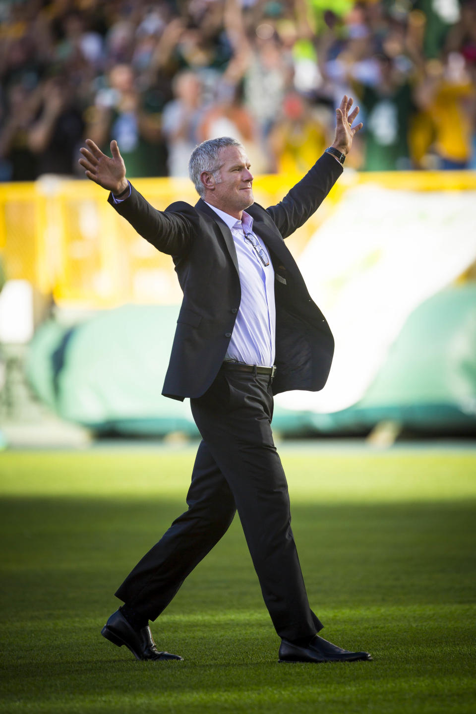 Former Green Bay Packers NFL football quarterback Brett Favre at Lambeau Field prior to his induction in to the Packers Hall of Fame and having his No. 4 jersey retired Saturday July 18, 2015, at Lambeau Field in Green Bay, Wis. (AP Photo/Mike Roemer)