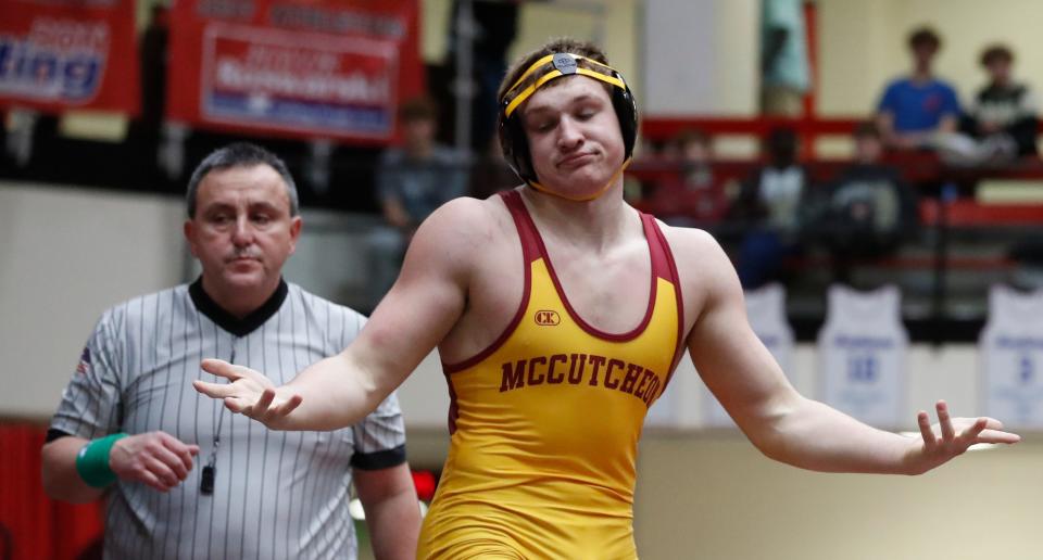 McCutcheon Brock Finney reacts after winning during the IHSAA wrestling sectionals meet, Saturday, Jan. 27, 2024, at Lafayette Jeff High School in Lafayette, Ind.