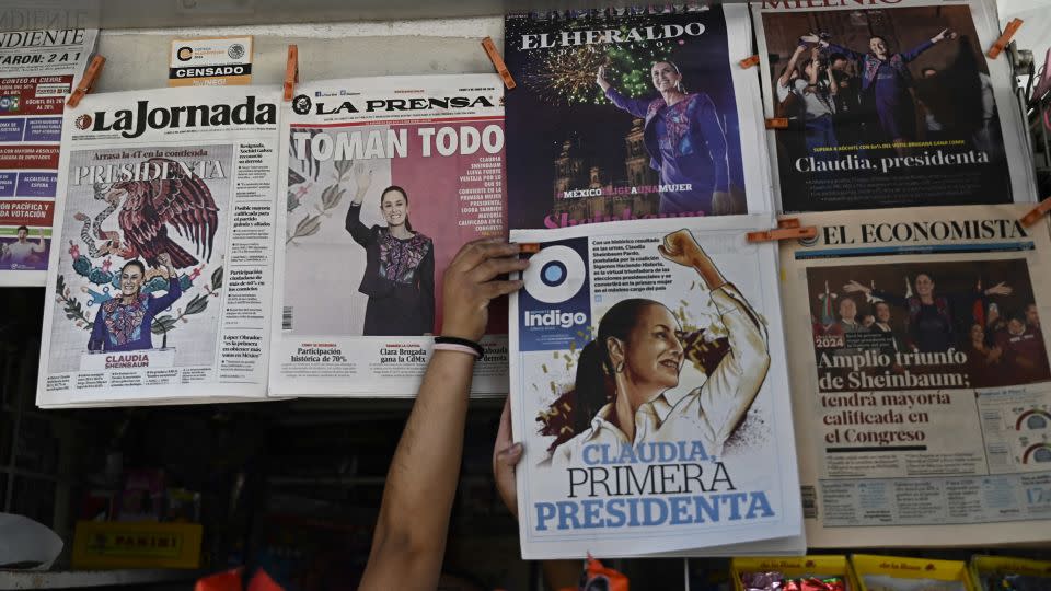 Front pages of Mexican newspapers showing Claudia Sheinbaum's presidential victory on June 3, 2024. - Pedro Pardo/AFP/Getty Images