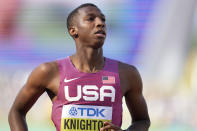 FILE - Erriyon Knighton, of the United States, wins a heat in the men's 200-meter run at the World Athletics Championships on Monday, July 18, 2022, in Eugene, Ore. (AP Photo/Ashley Landis, File)